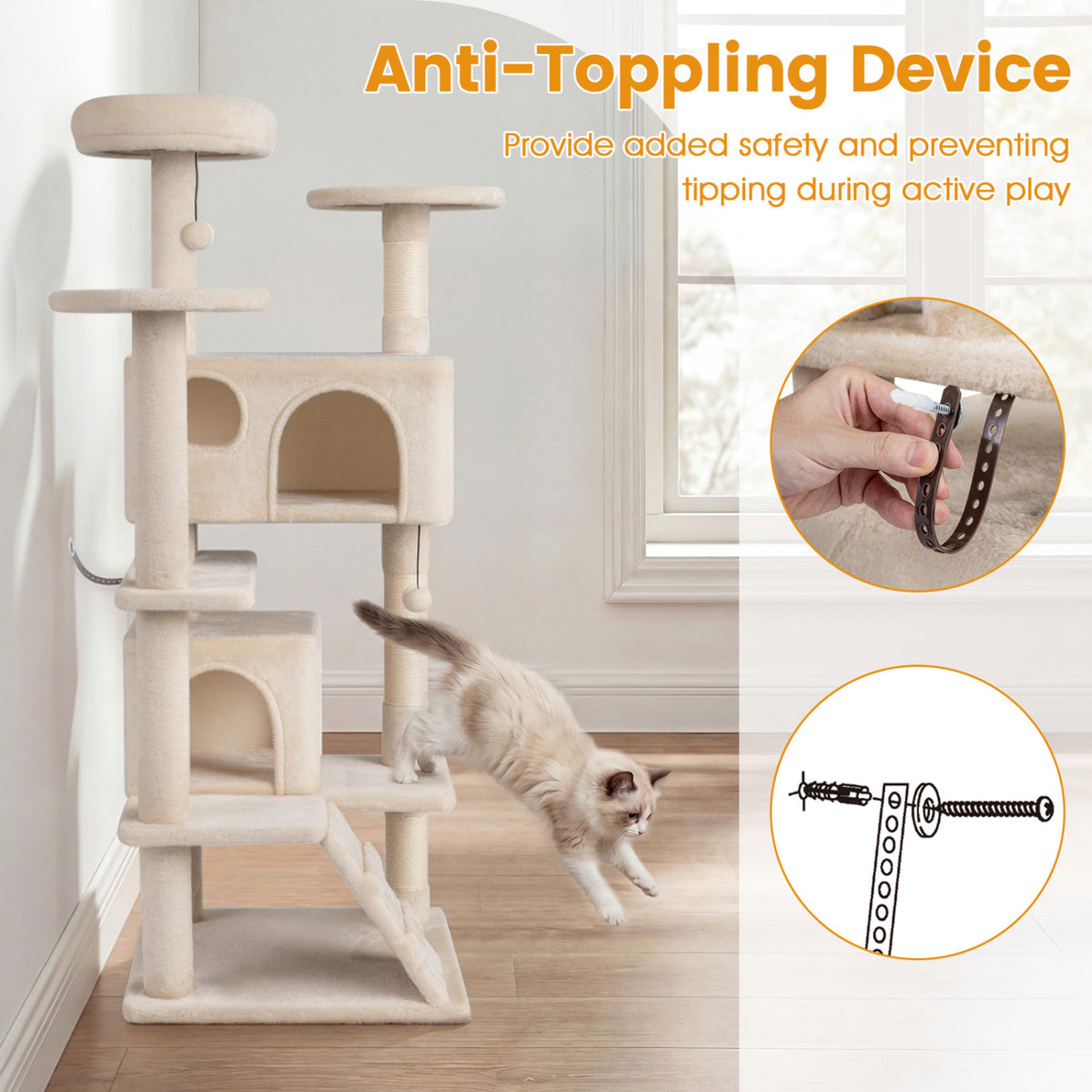 52 Inch Tall Cat Tree Tower with Perches and Hideouts - Beige Variation