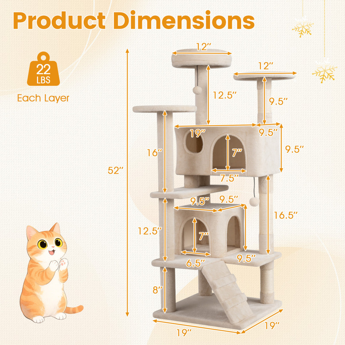 52 Inch Tall Cat Tree Tower with Perches and Hideouts - Beige Variation
