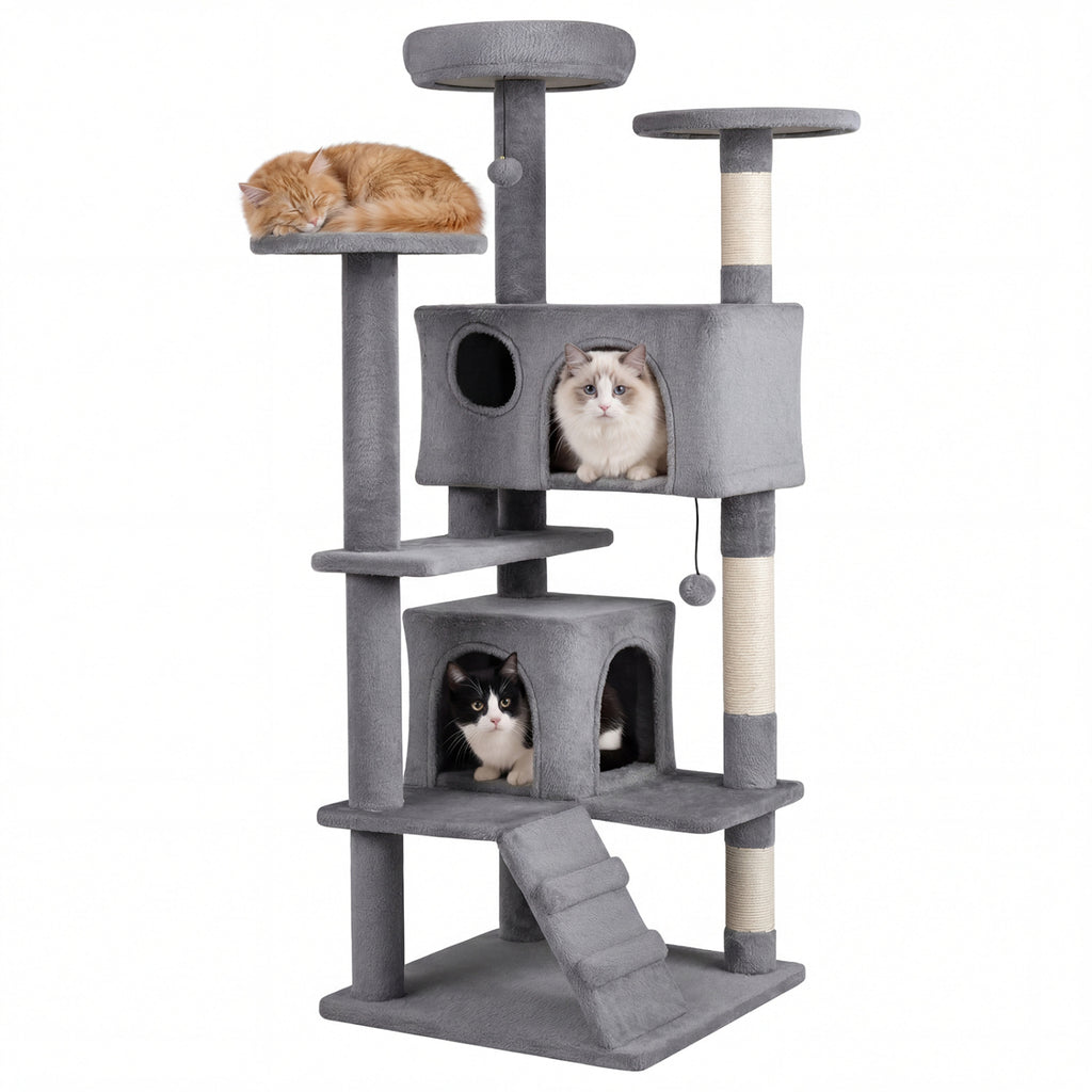 42 Inch Tall Cat Tree Tower with Perches & Hideouts - Light Gray