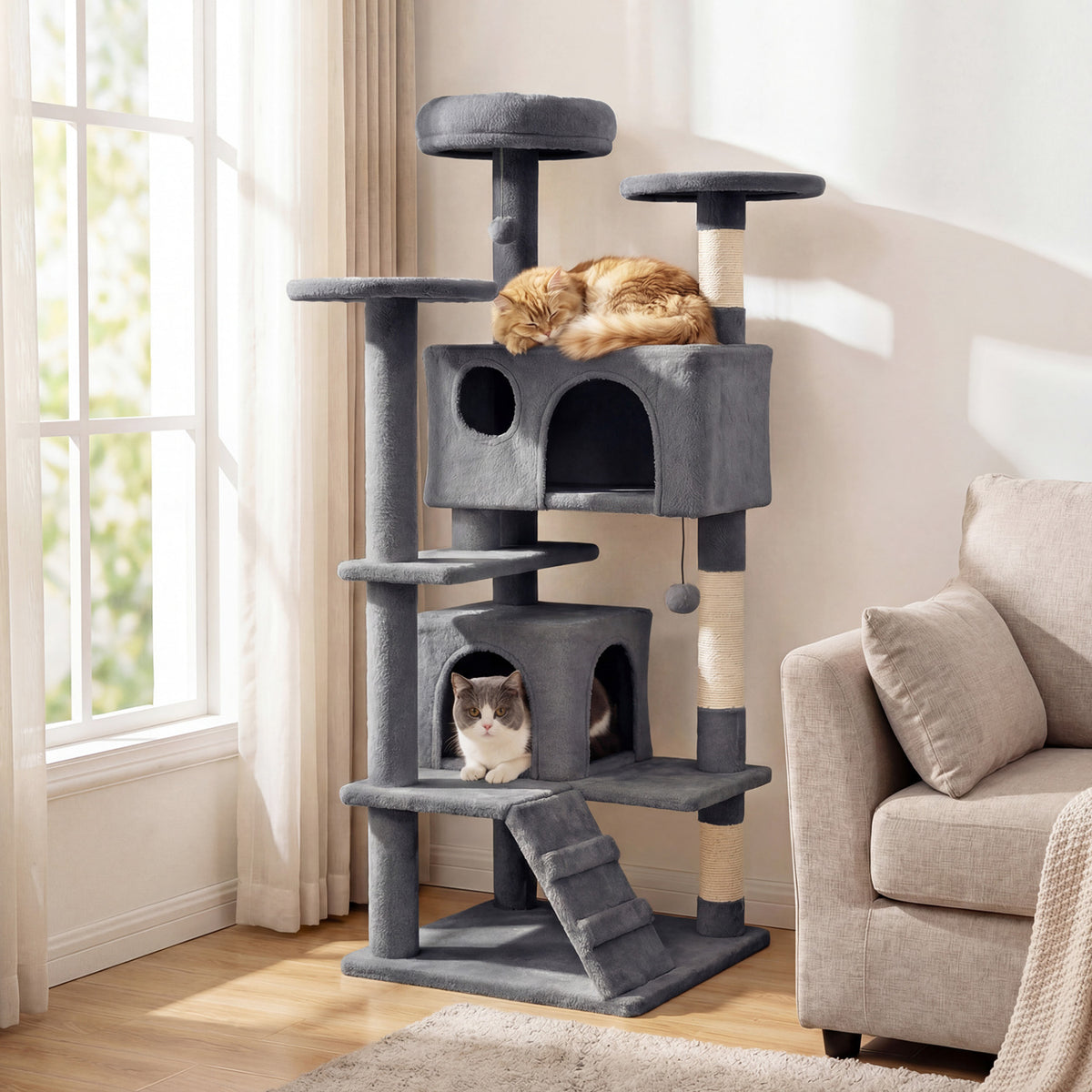 42 Inch Tall Cat Tree Tower with Perches & Hideouts - Light Gray