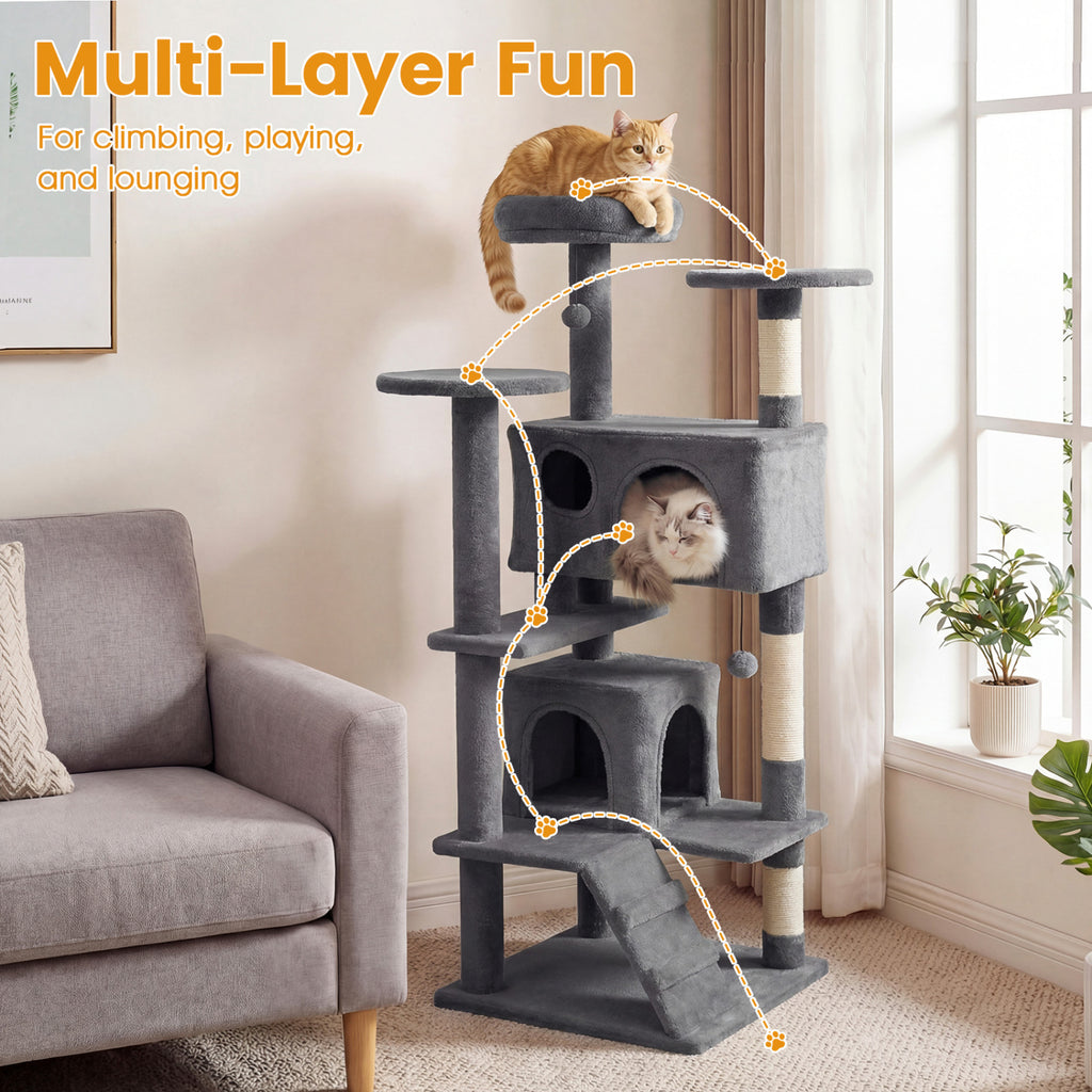 42 Inch Tall Cat Tree Tower with Perches & Hideouts - Light Gray
