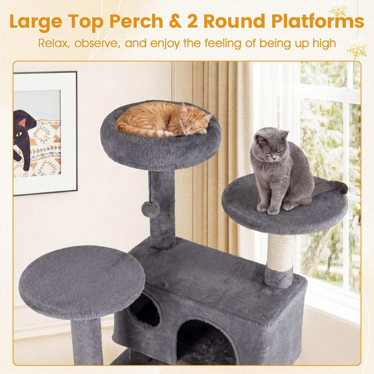 42 Inch Tall Cat Tree Tower with Perches & Hideouts - Light Gray
