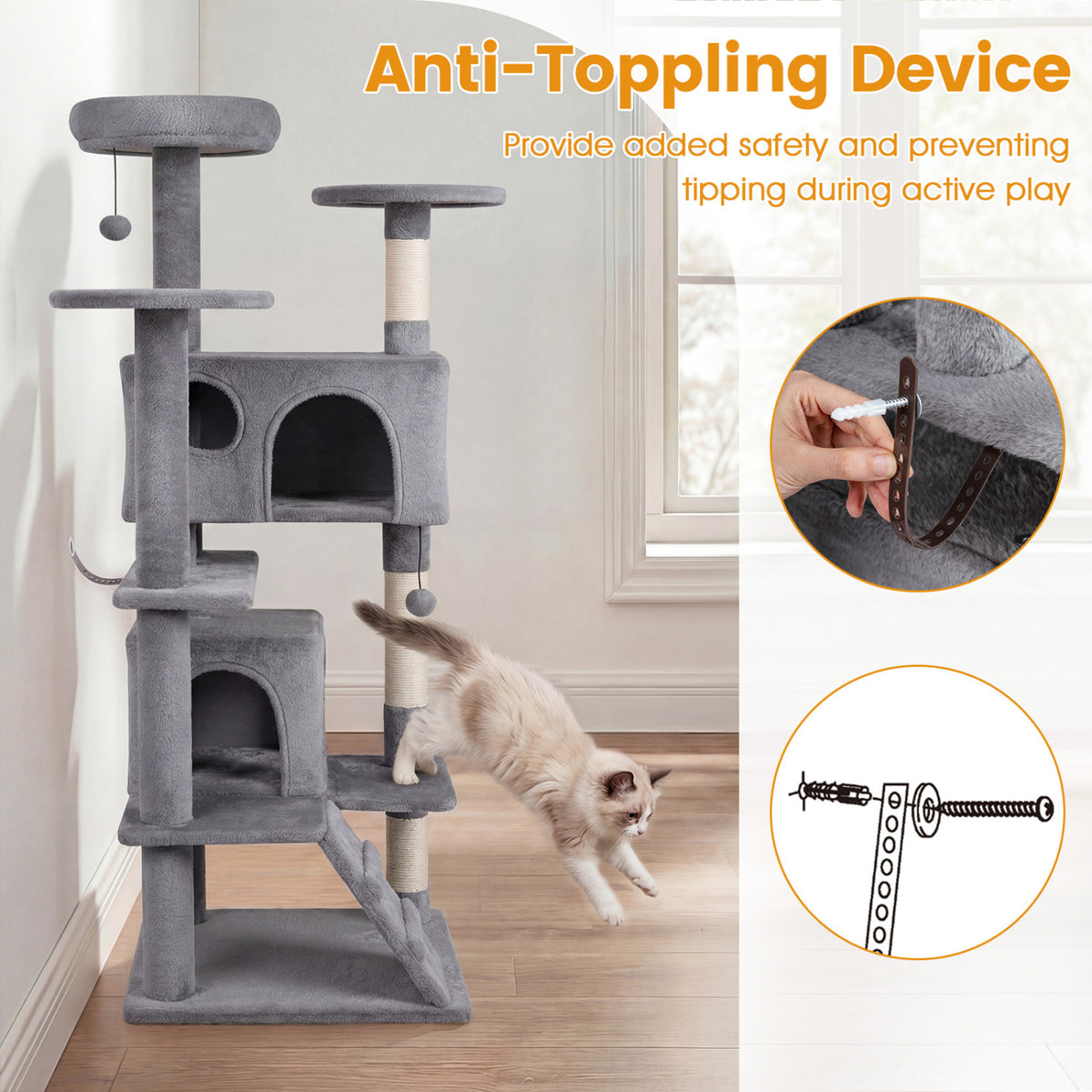 42 Inch Tall Cat Tree Tower with Perches & Hideouts - Light Gray