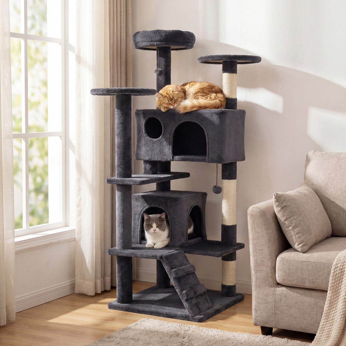 52 Inch Tall Cat Tree Tower for Indoor Cats - Dark Gray Variation