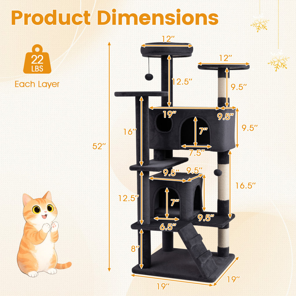 52 Inch Tall Cat Tree Tower for Indoor Cats - Dark Gray Variation