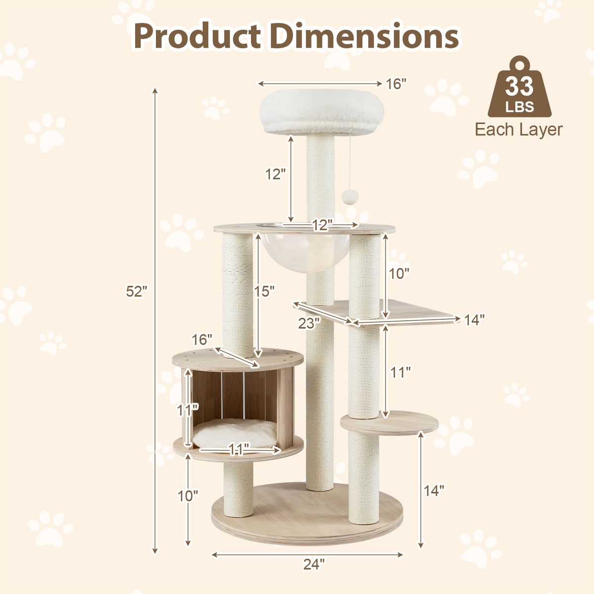 52 Inches Tall Wooden Cat Tree with Washable Plush Cushions & Multi-Level Climbing Stand - Natural Wood Finish