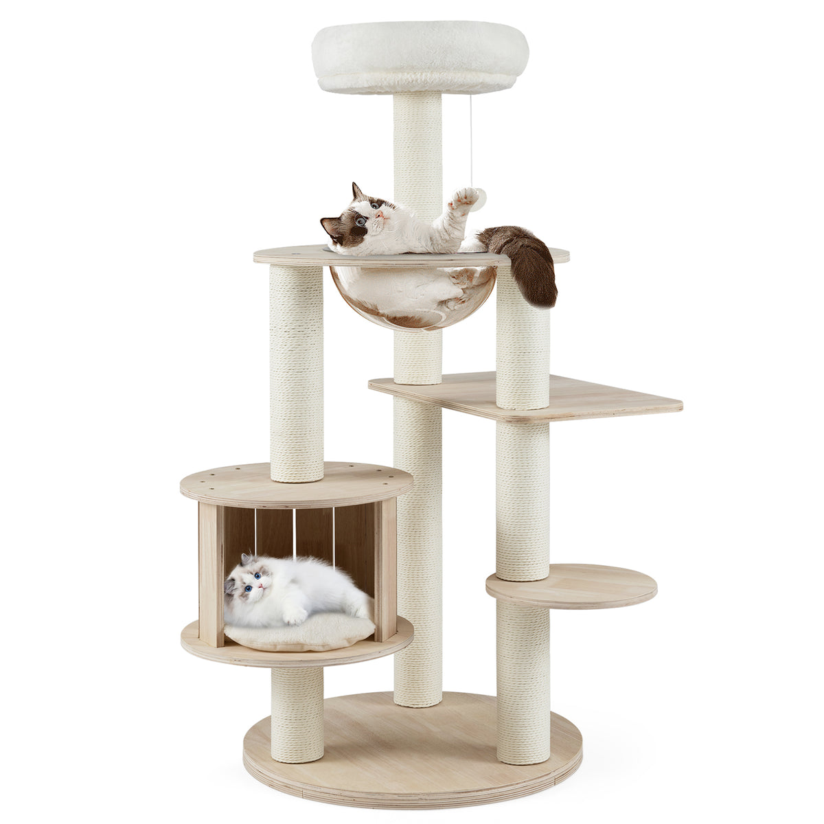52 Inches Tall Wooden Cat Tree with Washable Plush Cushions & Multi-Level Climbing Stand - Natural Wood Finish