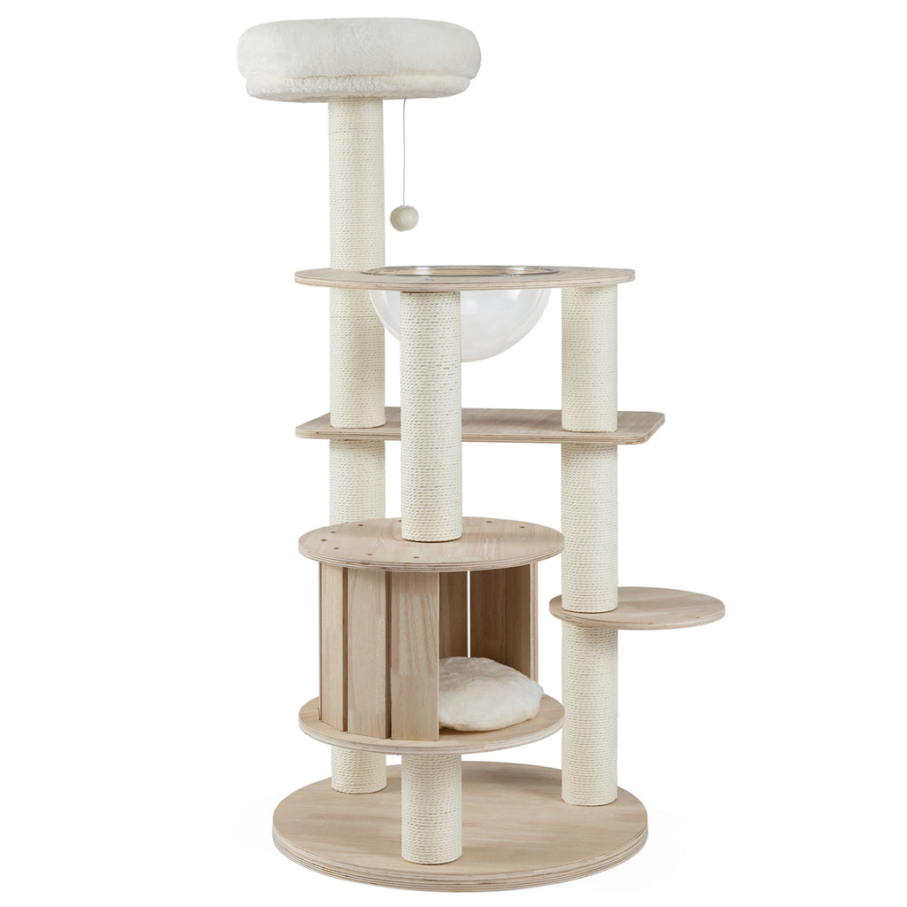 52 Inches Tall Wooden Cat Tree with Washable Plush Cushions & Multi-Level Climbing Stand - Natural Wood Finish