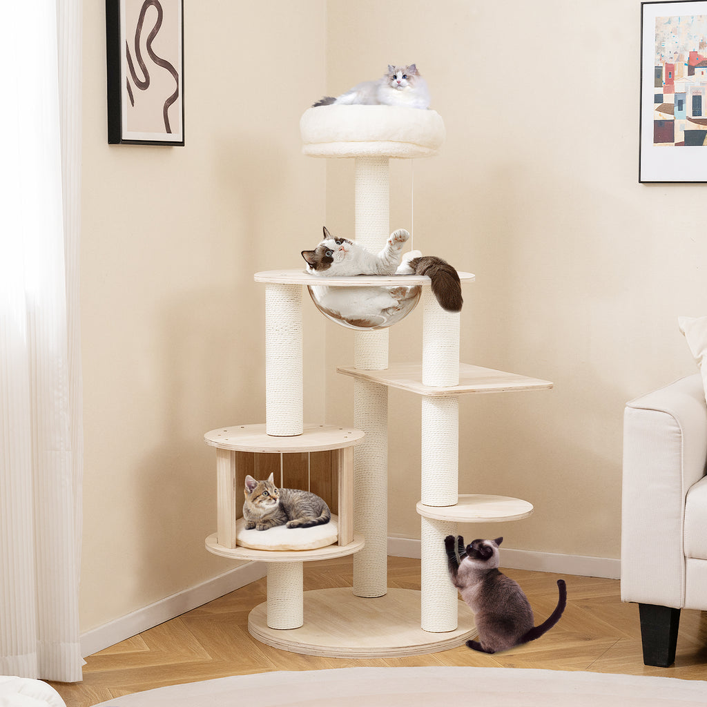 52 Inches Tall Wooden Cat Tree with Washable Plush Cushions & Multi-Level Climbing Stand - Natural Wood Finish