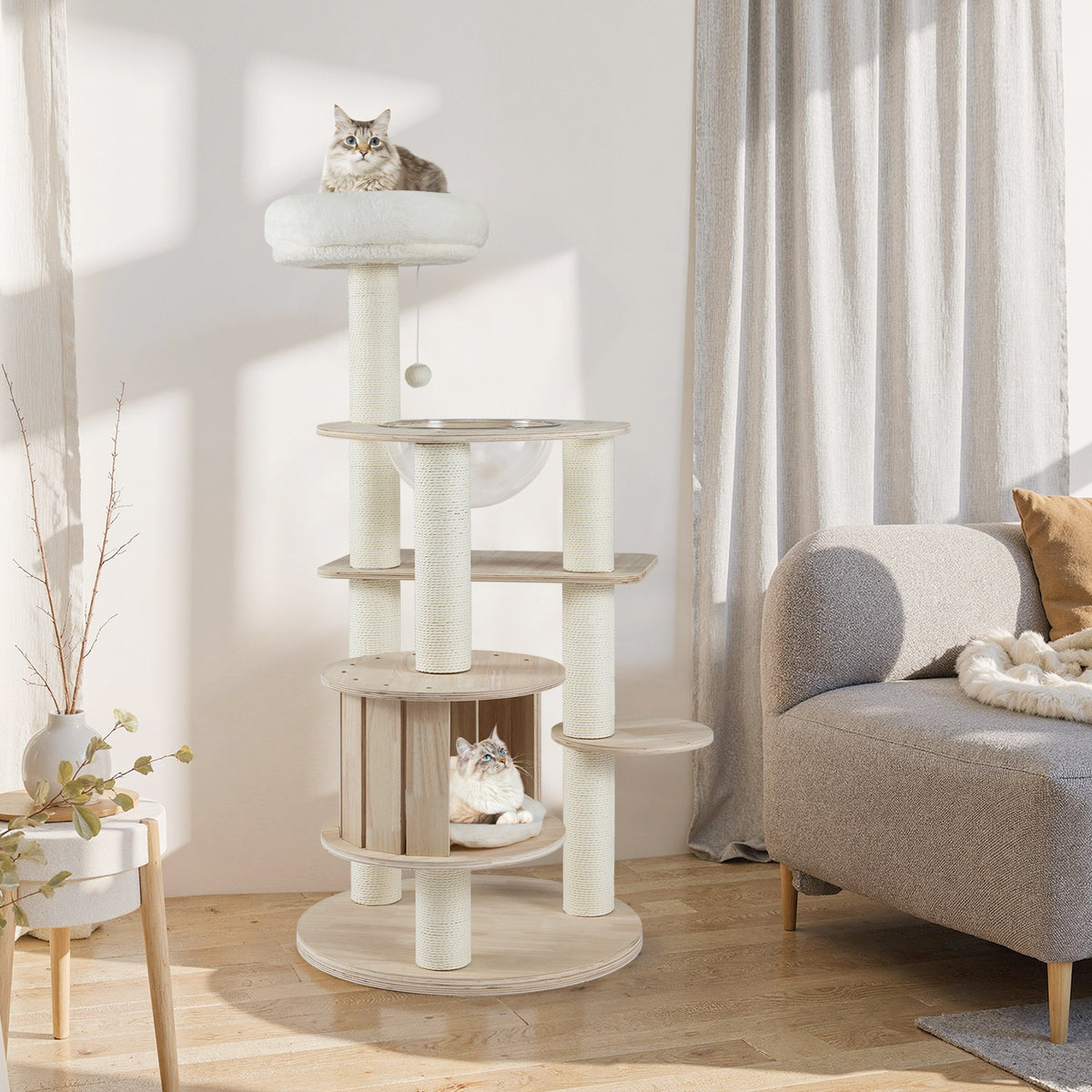52 Inches Tall Wooden Cat Tree with Washable Plush Cushions & Multi-Level Climbing Stand - Natural Wood Finish