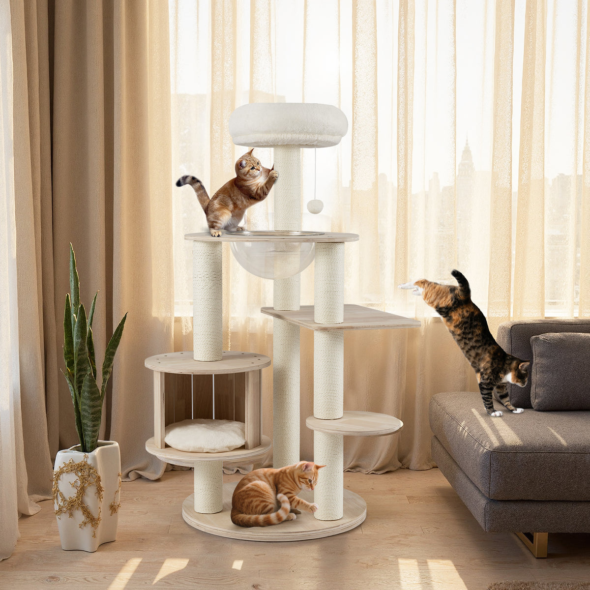 52 Inches Tall Wooden Cat Tree with Washable Plush Cushions & Multi-Level Climbing Stand - Natural Wood Finish