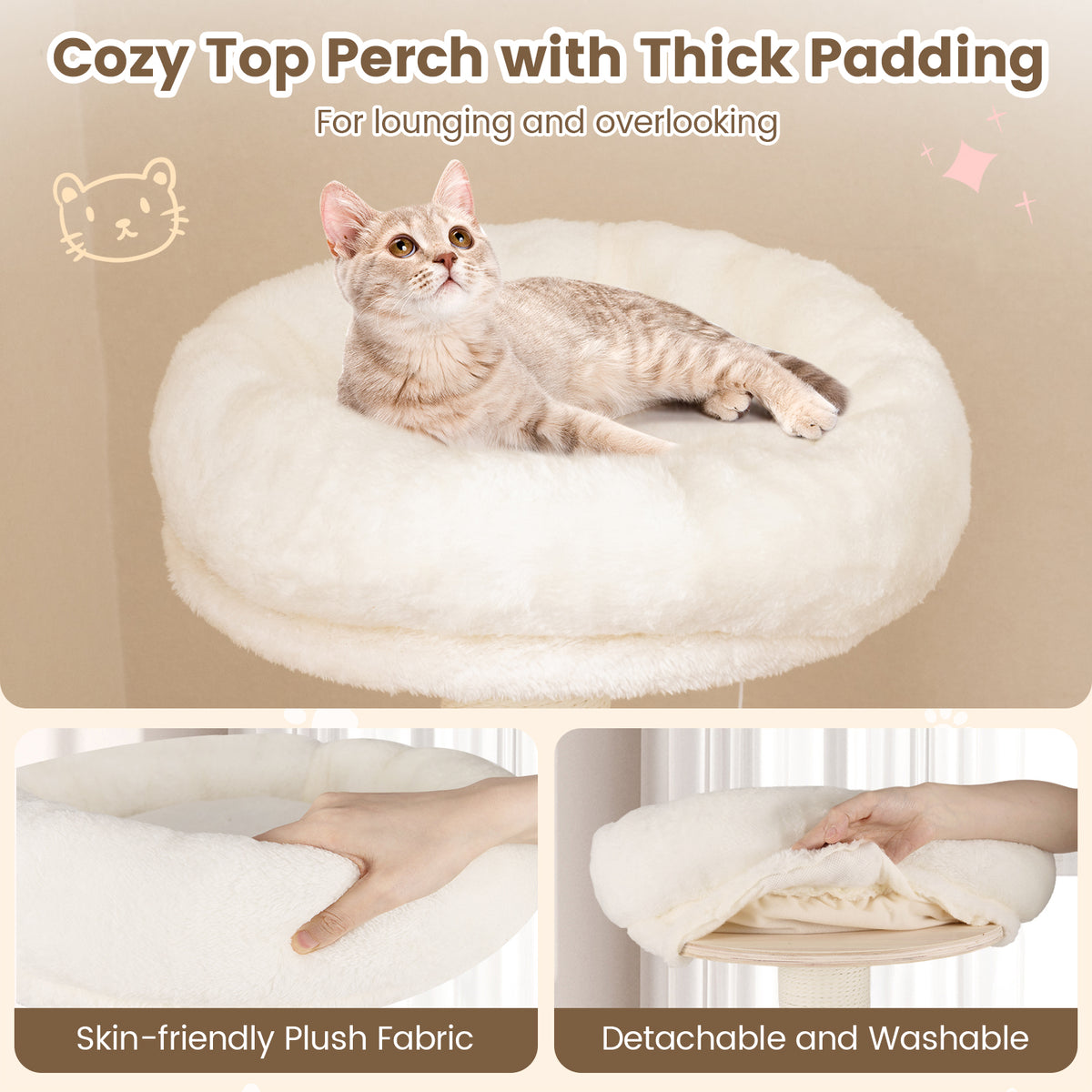 52 Inches Tall Wooden Cat Tree with Washable Plush Cushions & Multi-Level Climbing Stand - Natural Wood Finish