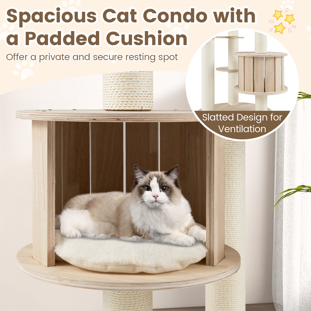 52 Inches Tall Wooden Cat Tree with Washable Plush Cushions & Multi-Level Climbing Stand - Natural Wood Finish