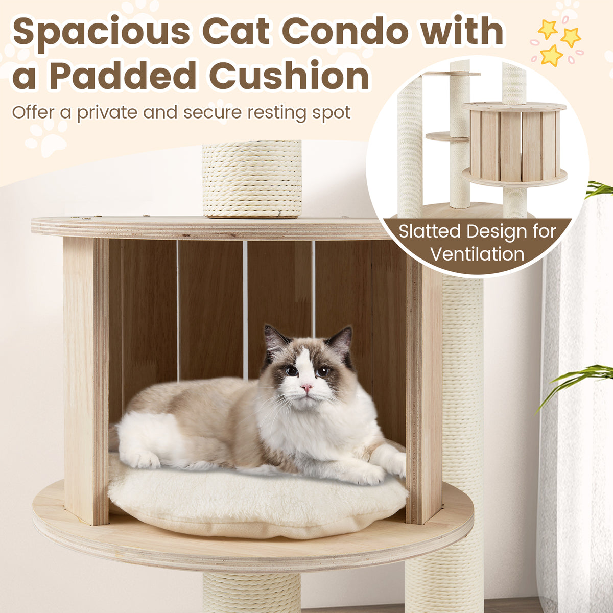 52 Inches Tall Wooden Cat Tree with Washable Plush Cushions & Multi-Level Climbing Stand - Natural Wood Finish