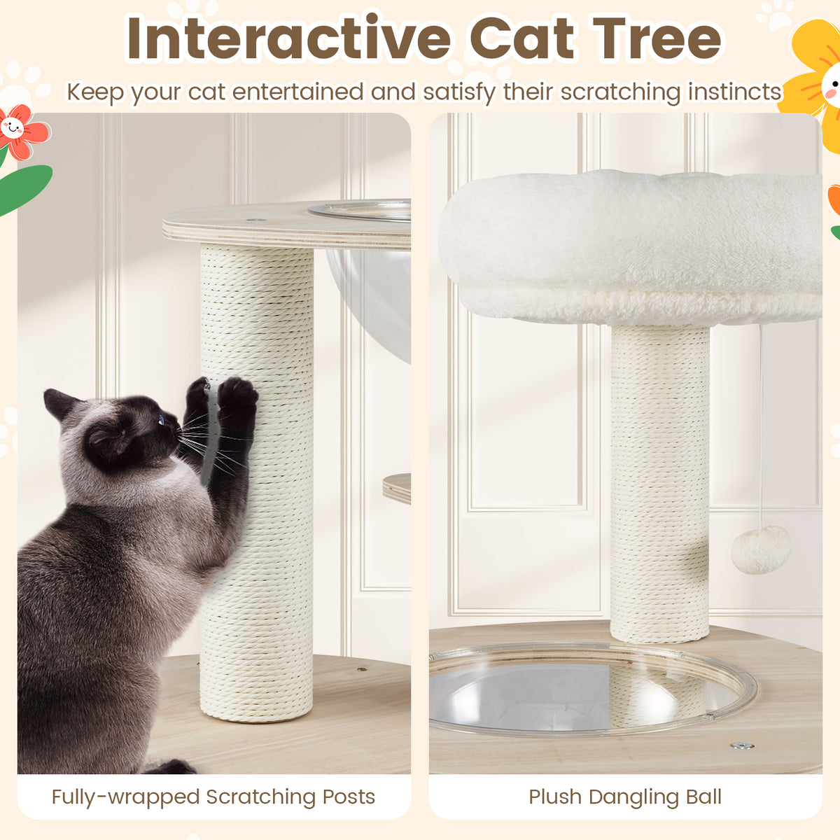 52 Inches Tall Wooden Cat Tree with Washable Plush Cushions & Multi-Level Climbing Stand - Natural Wood Finish