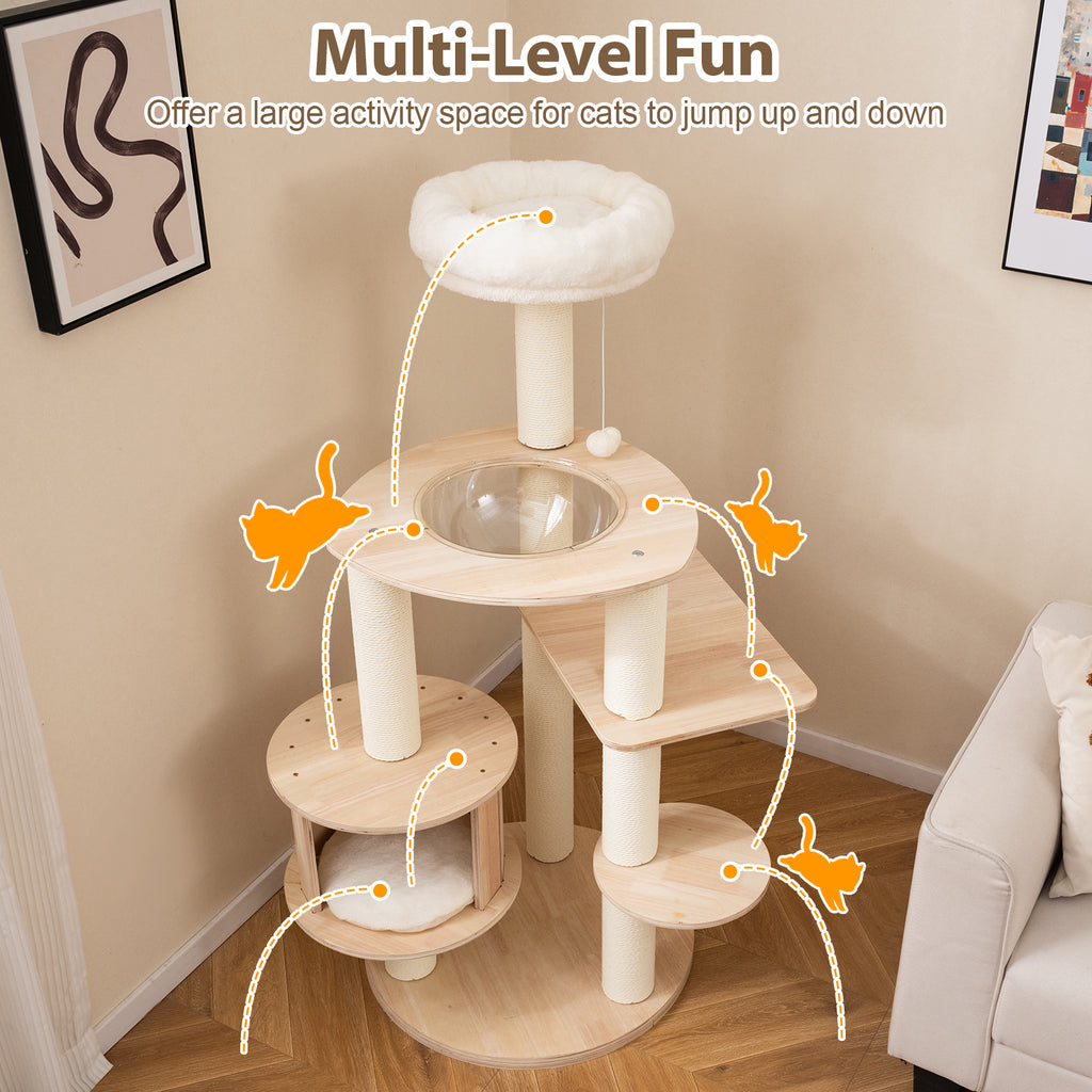 52 Inches Tall Wooden Cat Tree with Washable Plush Cushions & Multi-Level Climbing Stand - Natural Wood Finish