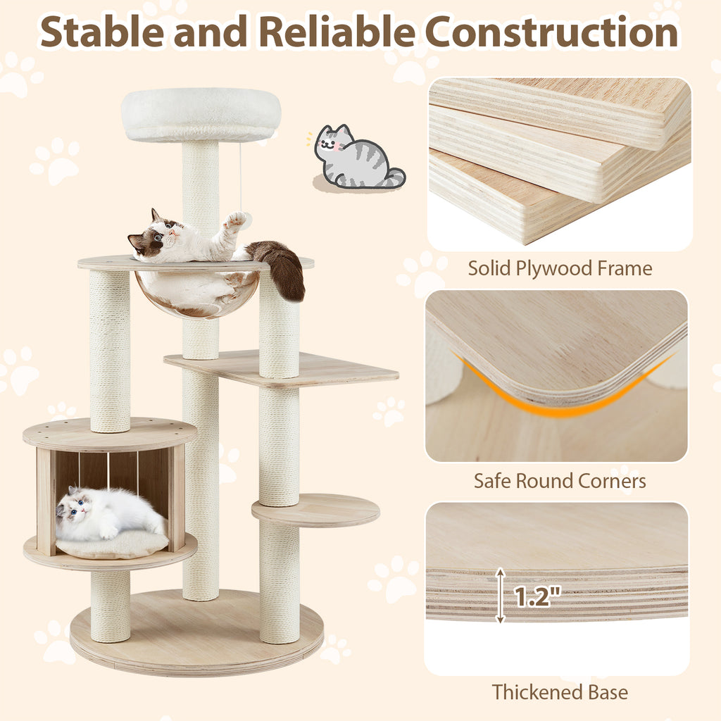 52 Inches Tall Wooden Cat Tree with Washable Plush Cushions & Multi-Level Climbing Stand - Natural Wood Finish