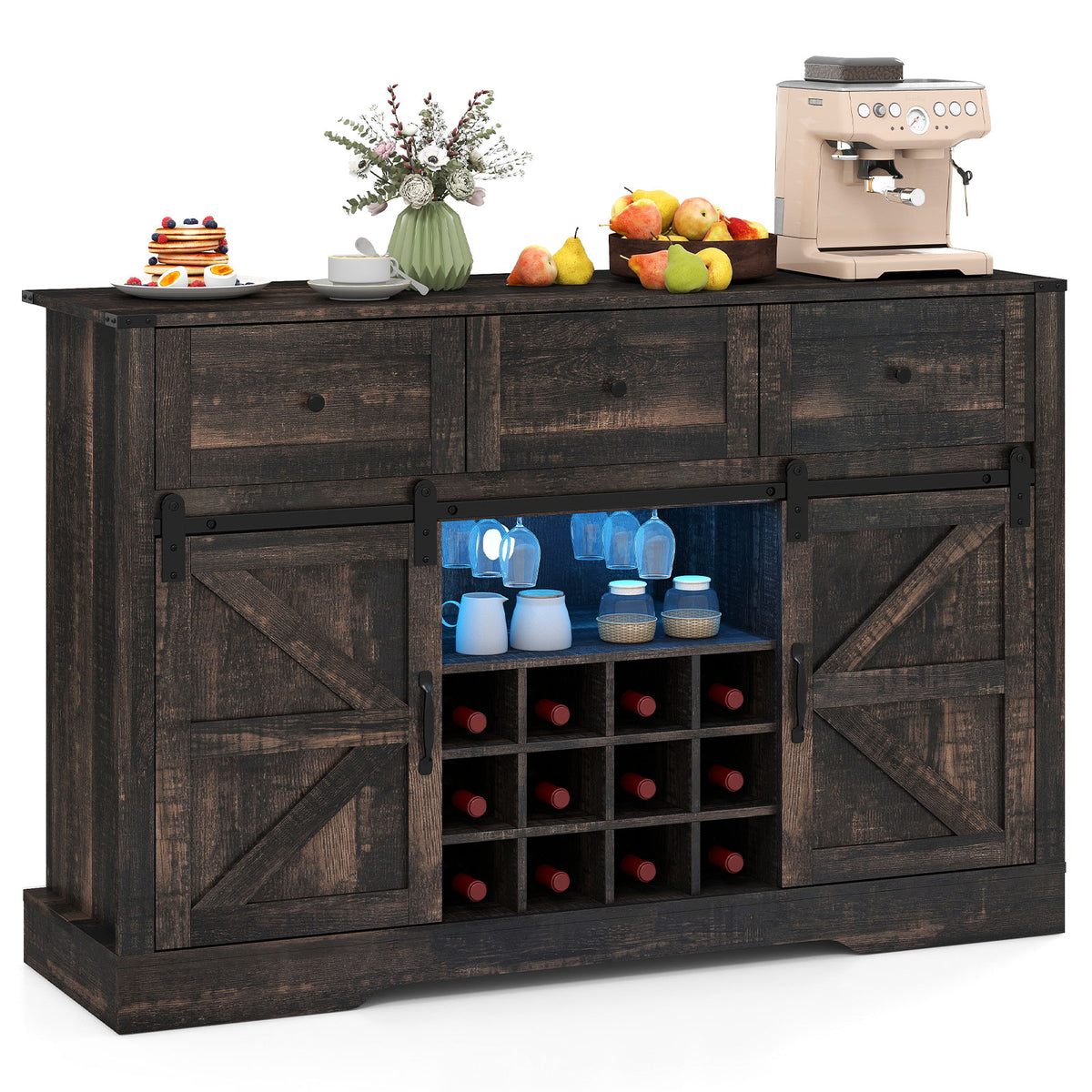 52-Inch Wine Bar Cabinet with LED Lights and Sliding Barn Doors - Oak