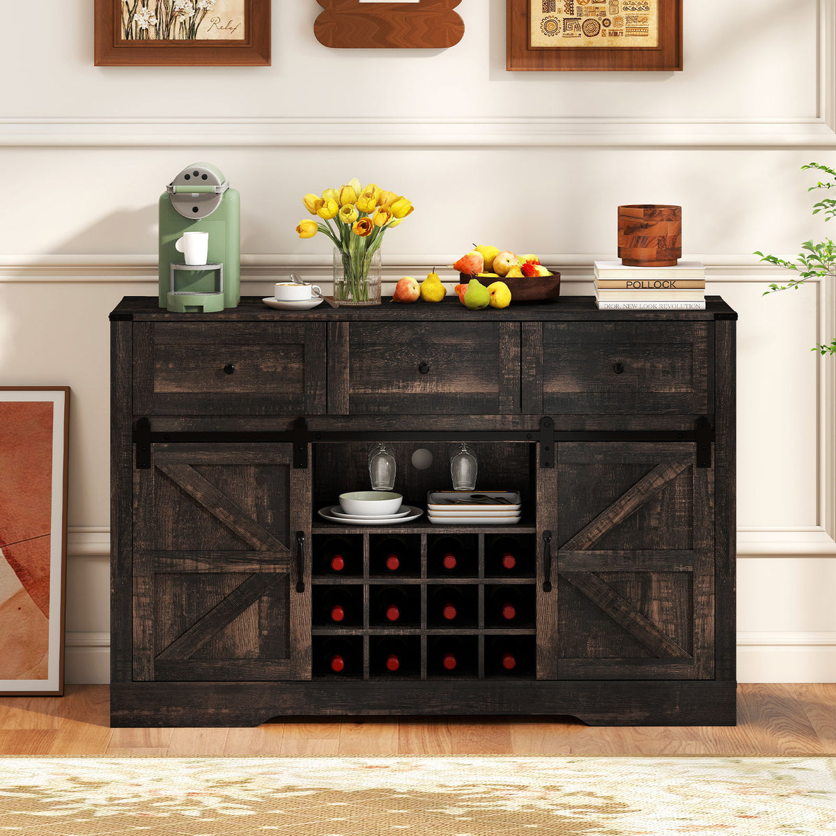 52-Inch Wine Bar Cabinet with LED Lights and Sliding Barn Doors - Oak