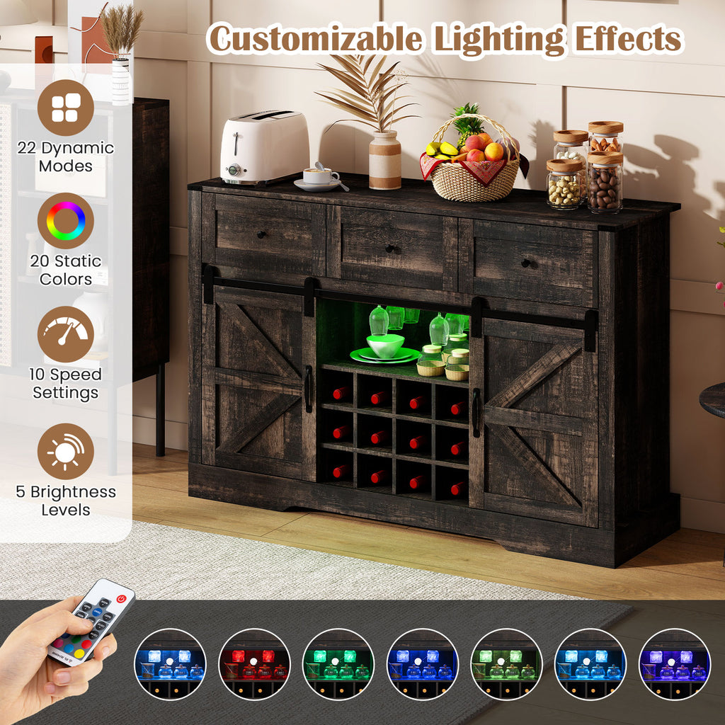 52-Inch Wine Bar Cabinet with LED Lights and Sliding Barn Doors - Oak