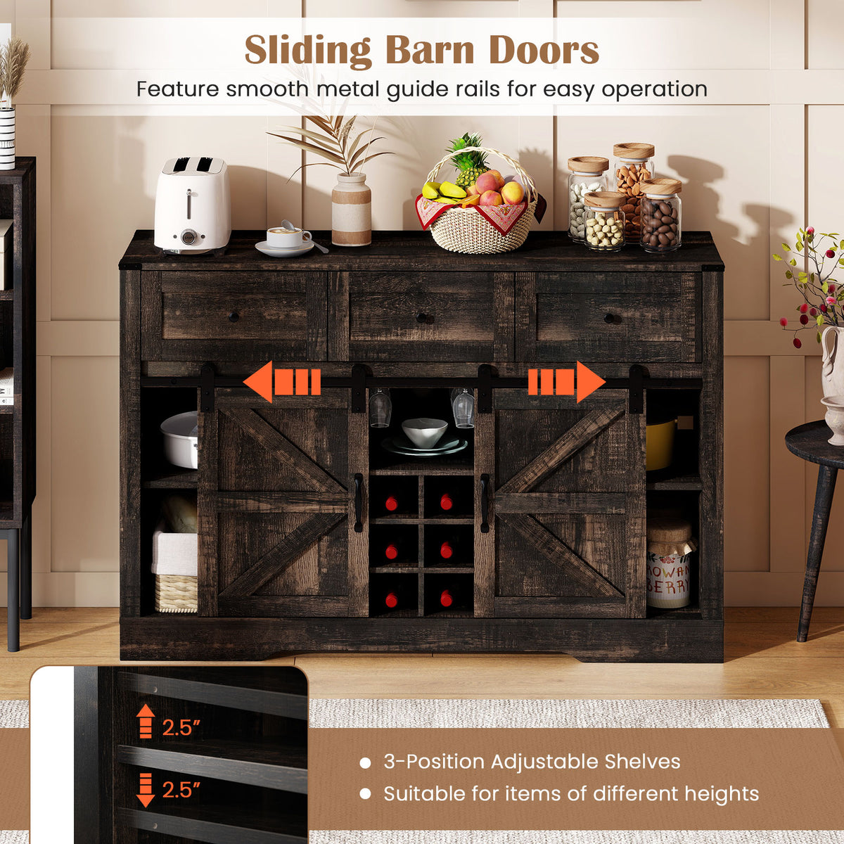 52-Inch Wine Bar Cabinet with LED Lights and Sliding Barn Doors - Oak