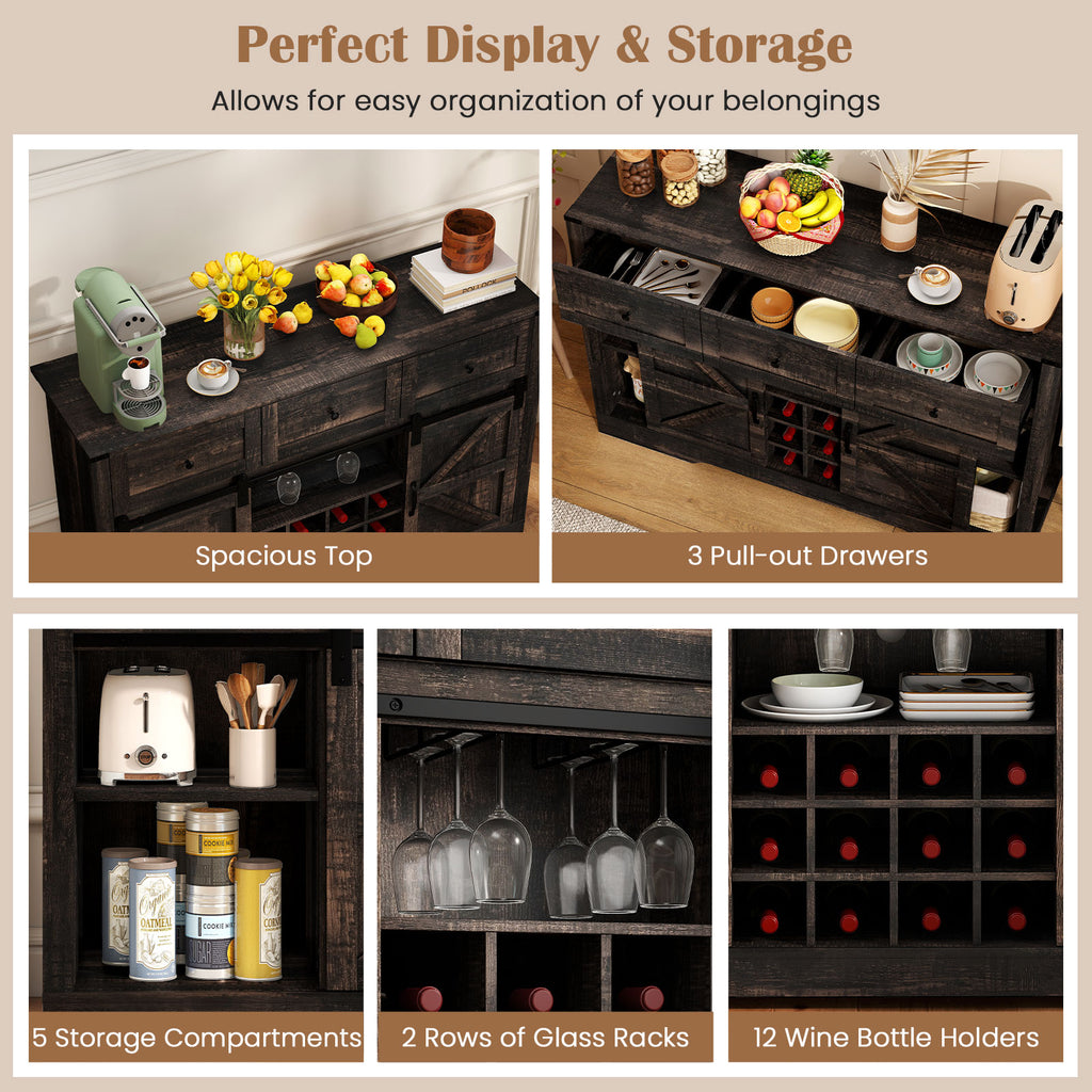 52-Inch Wine Bar Cabinet with LED Lights and Sliding Barn Doors - Oak