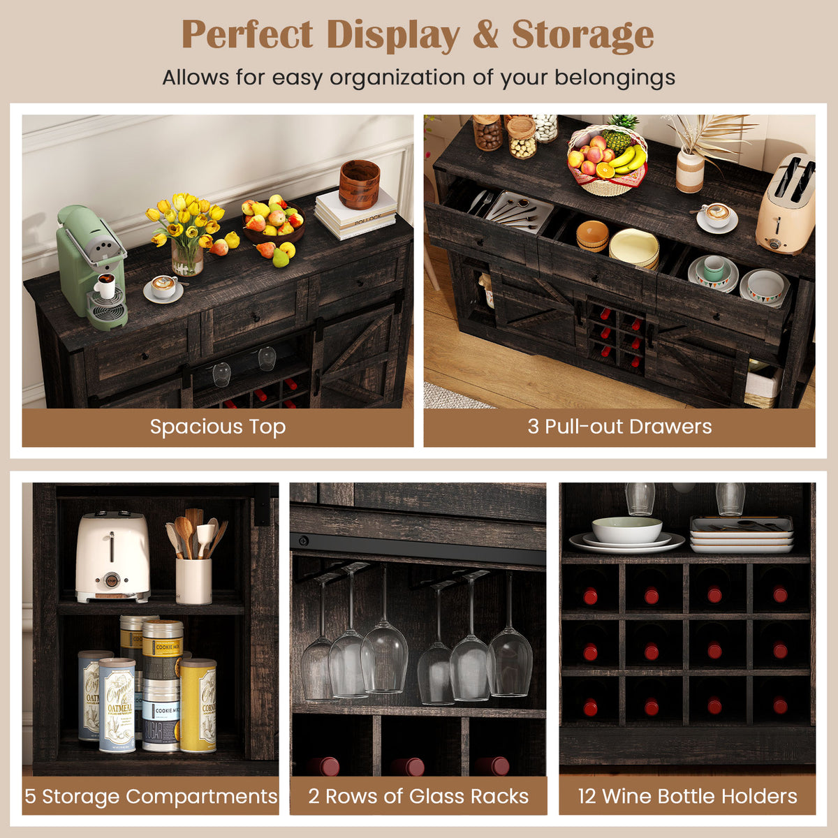 52-Inch Wine Bar Cabinet with LED Lights and Sliding Barn Doors - Oak