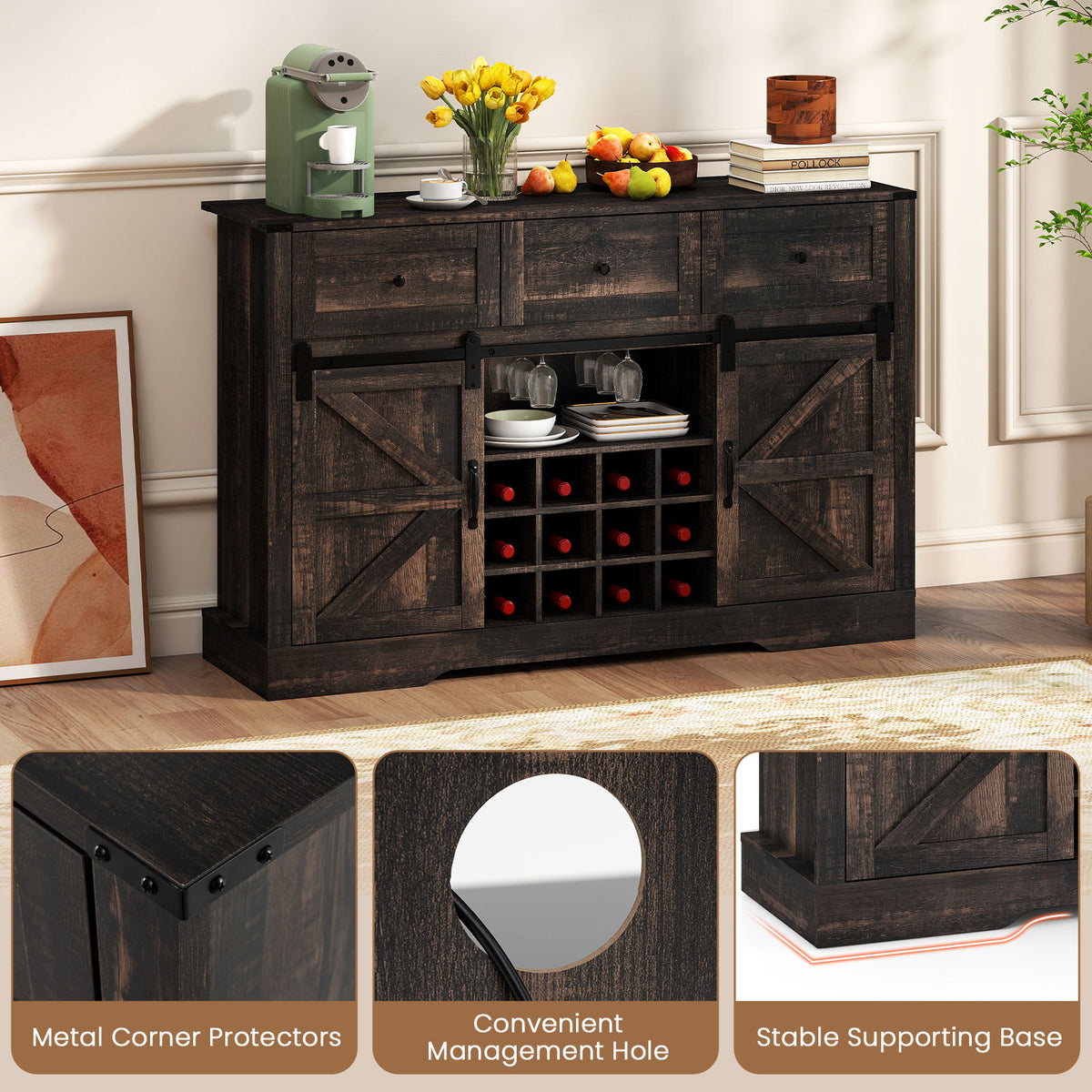 52-Inch Wine Bar Cabinet with LED Lights and Sliding Barn Doors - Oak