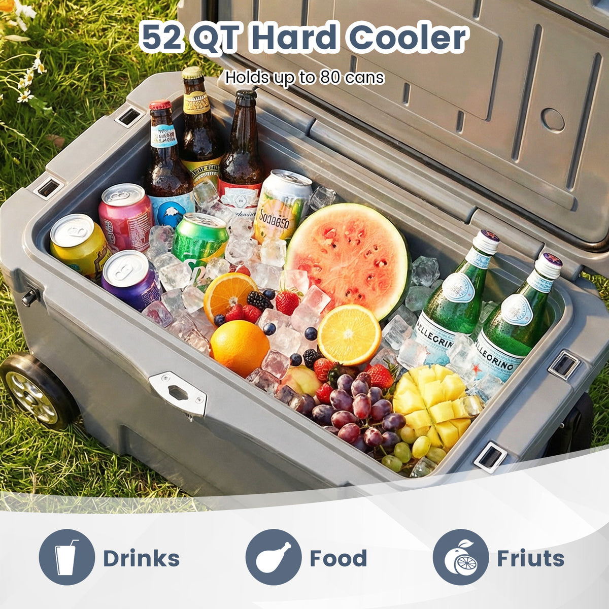 52 Quart Portable Hard Cooler with Wheels, Gray