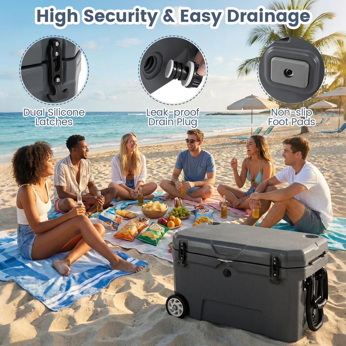 52 Quart Portable Hard Cooler with Wheels, Gray