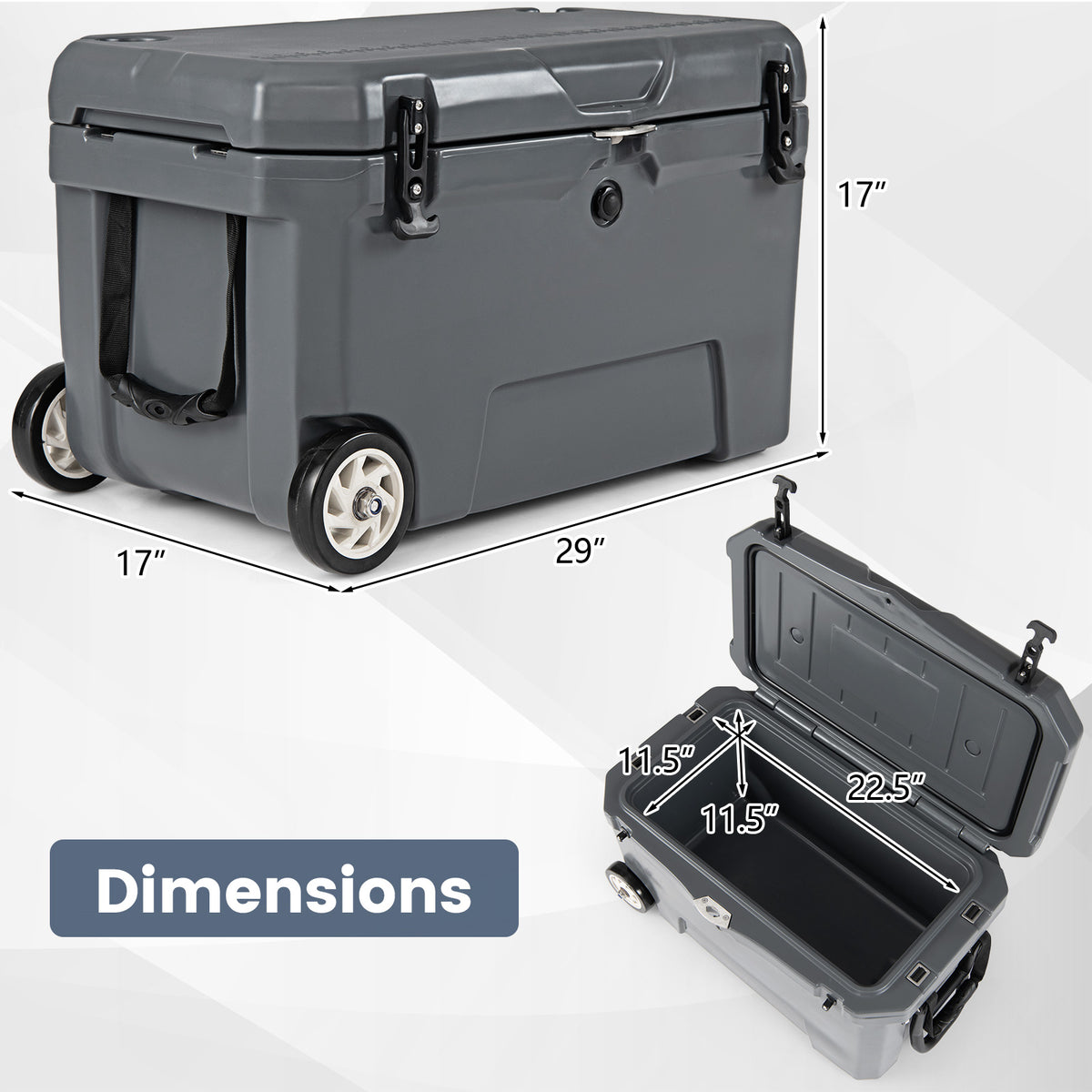 52 Quart Portable Hard Cooler with Wheels, Gray