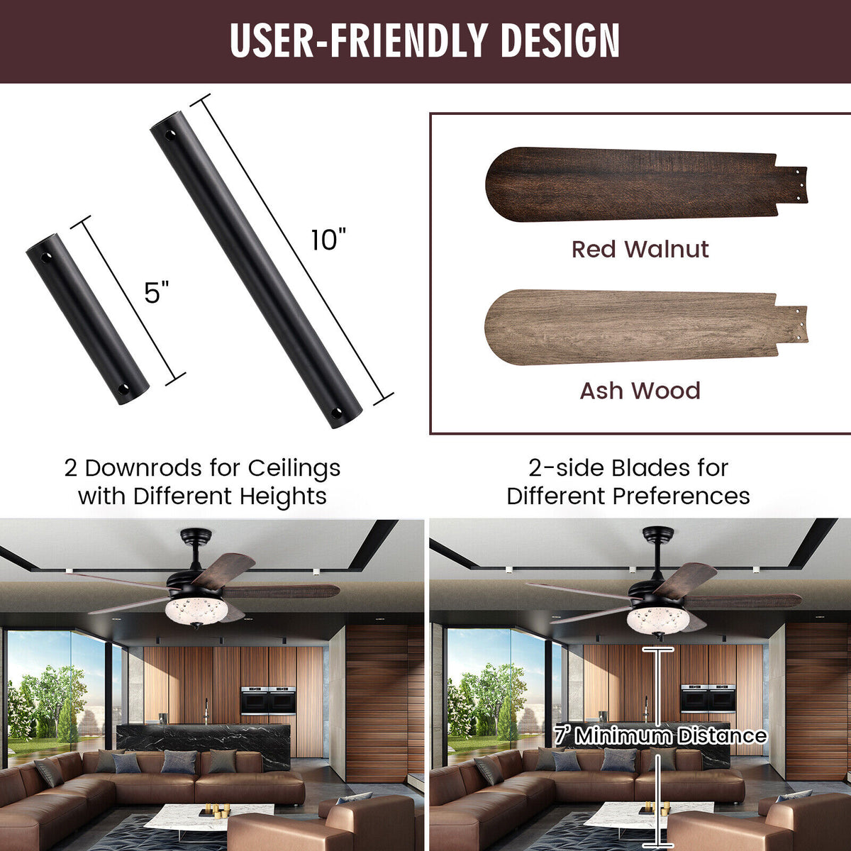 52-Inch Ceiling Fan with Remote Control - Walnut Finish with Reversible Motor