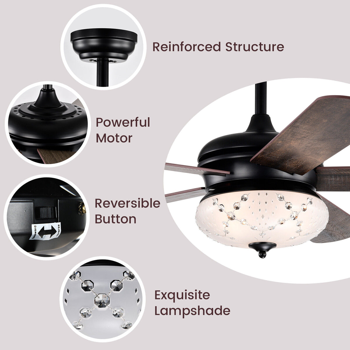 52-Inch Ceiling Fan with Remote Control - Walnut Finish with Reversible Motor