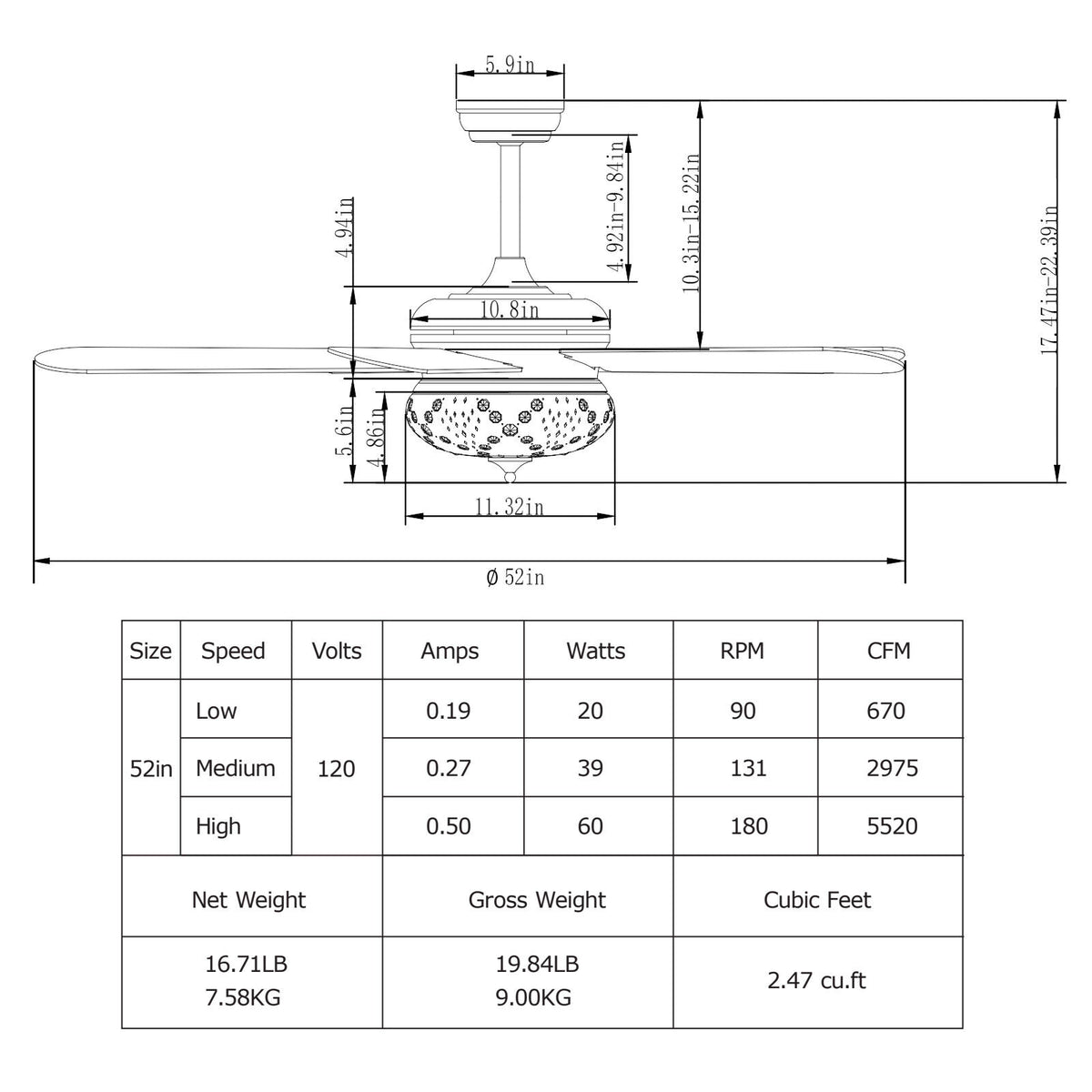 52-Inch Ceiling Fan with Remote Control - Walnut Finish with Reversible Motor