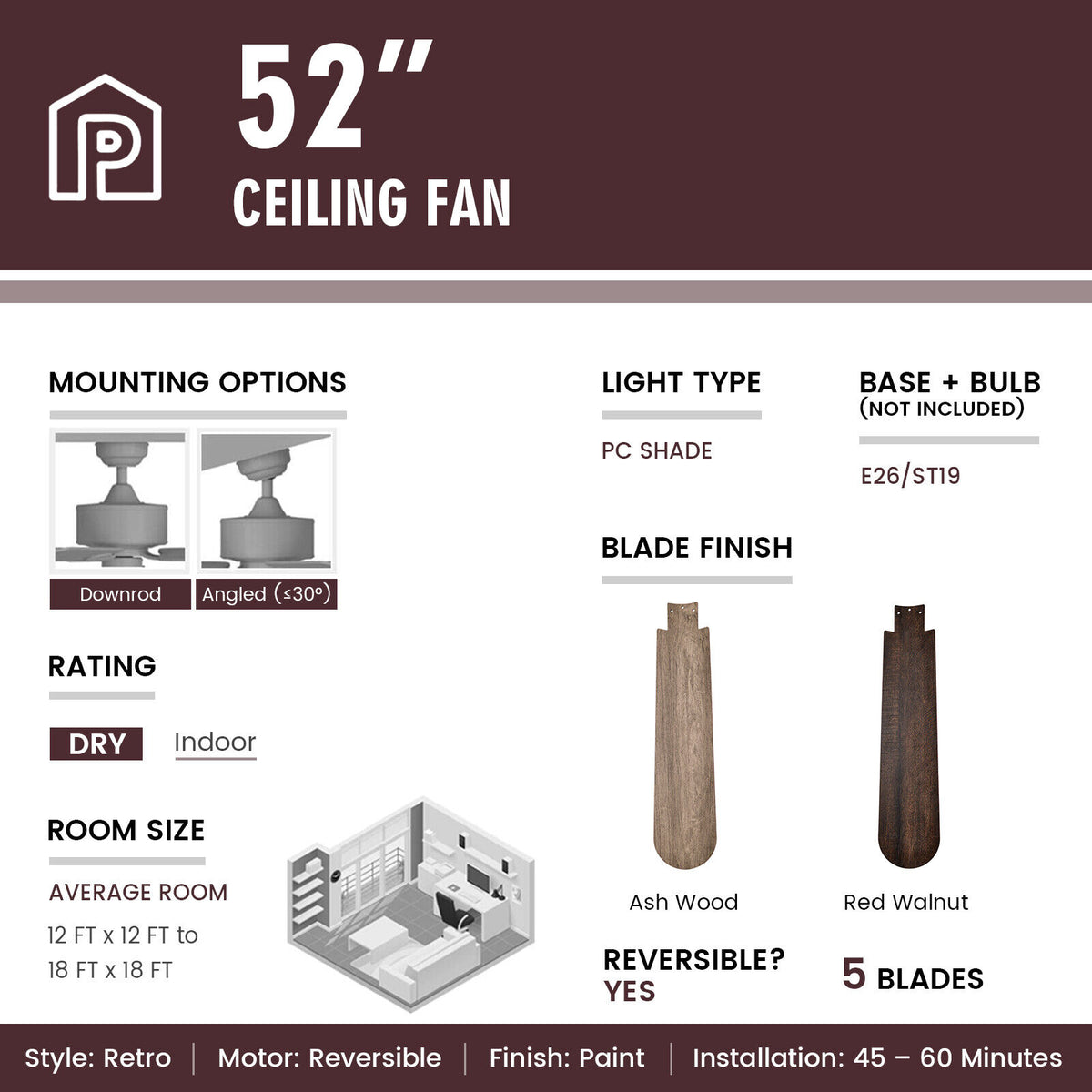 52-Inch Ceiling Fan with Remote Control - Walnut Finish with Reversible Motor