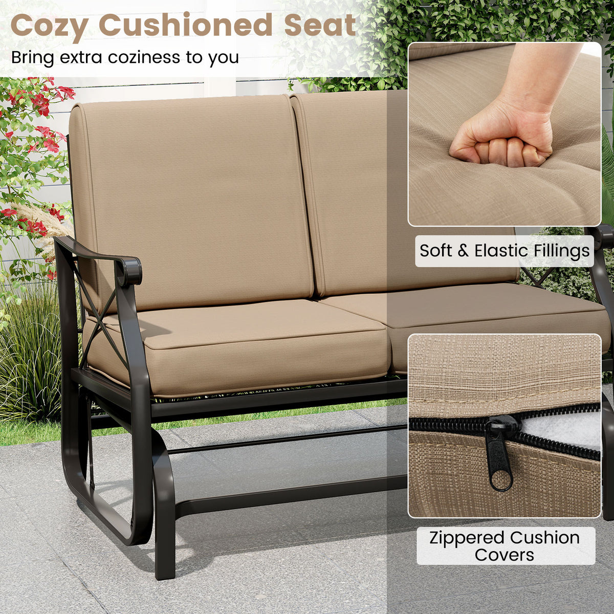 2-Person Outdoor Glider Loveseat with Cushions, Brown - 47 Inch
