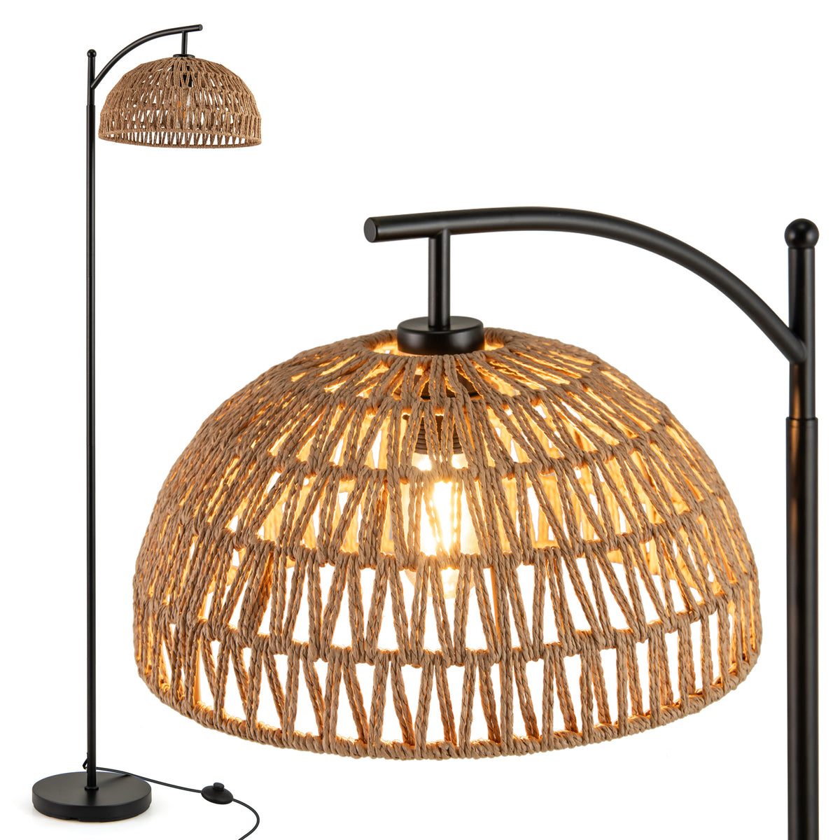 Black Arc Floor Lamp 63 Inches Tall with Hanging Lampshade - Modern Pole Light