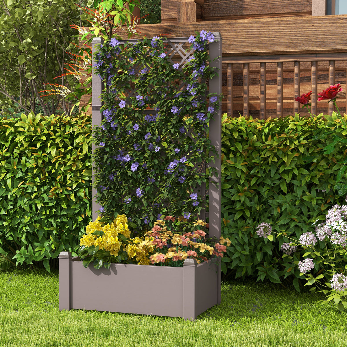 Outdoor Planter Box Self-Watering Raised Garden Bed Trellis with