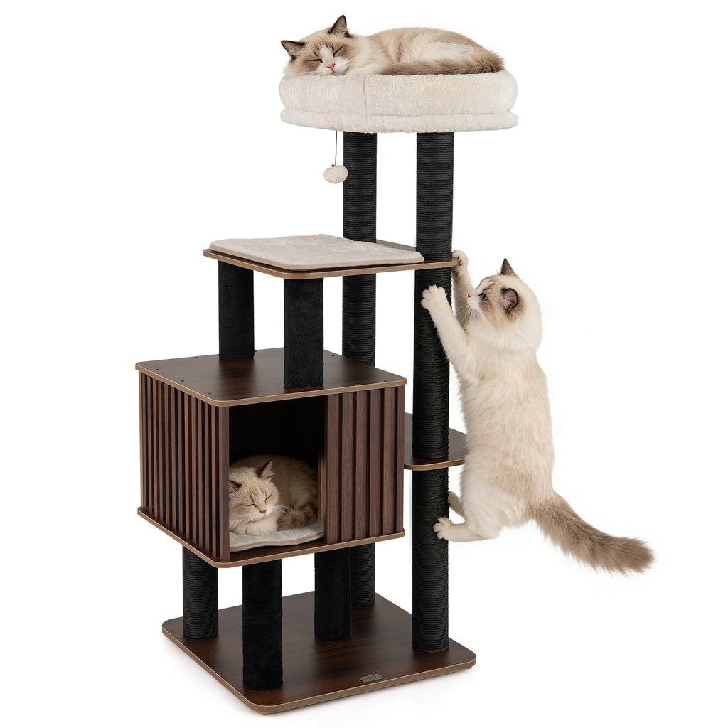 Tall Cat Tree with Perch and Soft Padding - 53.5 Inch Wooden Cat Tower for Indoor Cats - Brown Variation