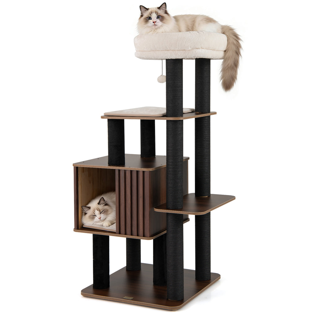Tall Cat Tree with Perch and Soft Padding - 53.5 Inch Wooden Cat Tower for Indoor Cats - Brown Variation