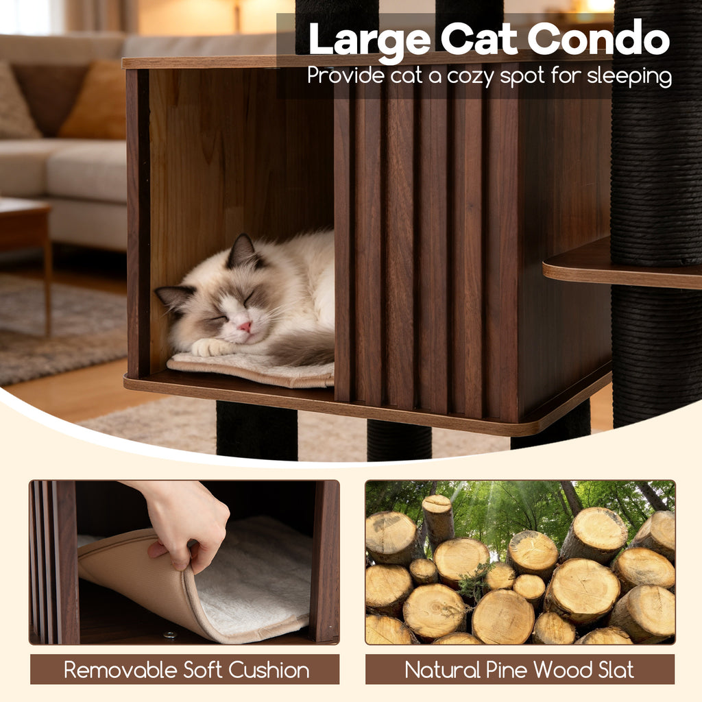 Tall Cat Tree with Perch and Soft Padding - 53.5 Inch Wooden Cat Tower for Indoor Cats - Brown Variation