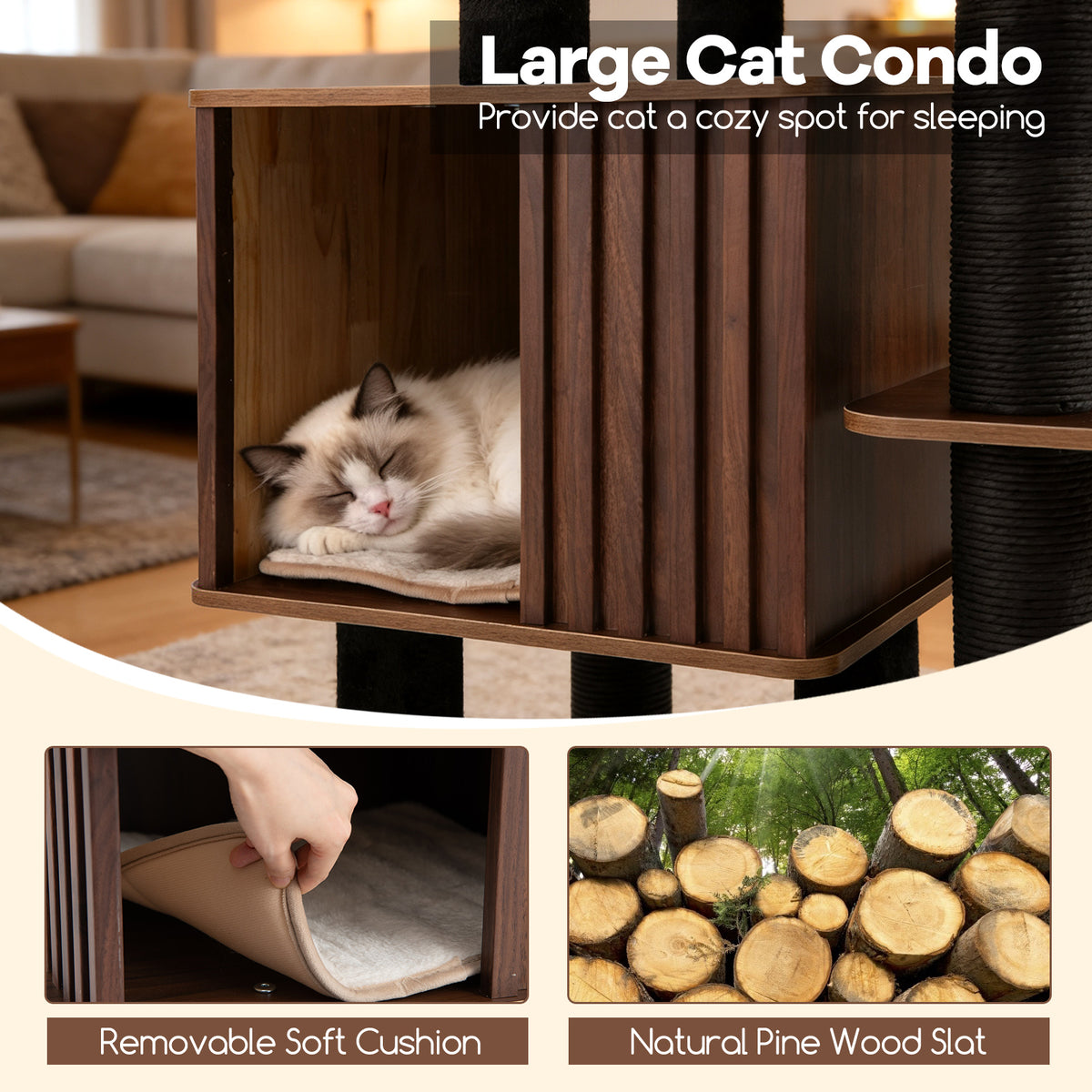 Tall Cat Tree with Perch and Soft Padding - 53.5 Inch Wooden Cat Tower for Indoor Cats - Brown Variation