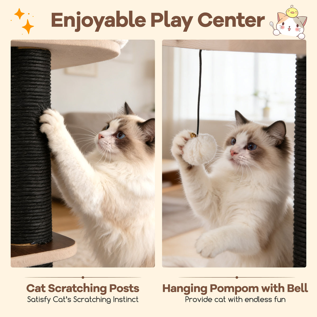 Tall Cat Tree with Perch and Soft Padding - 53.5 Inch Wooden Cat Tower for Indoor Cats - Brown Variation