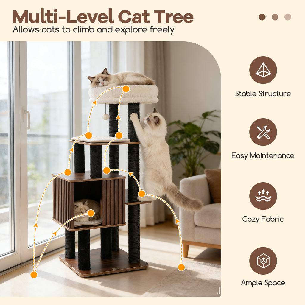 Tall Cat Tree with Perch and Soft Padding - 53.5 Inch Wooden Cat Tower for Indoor Cats - Brown Variation