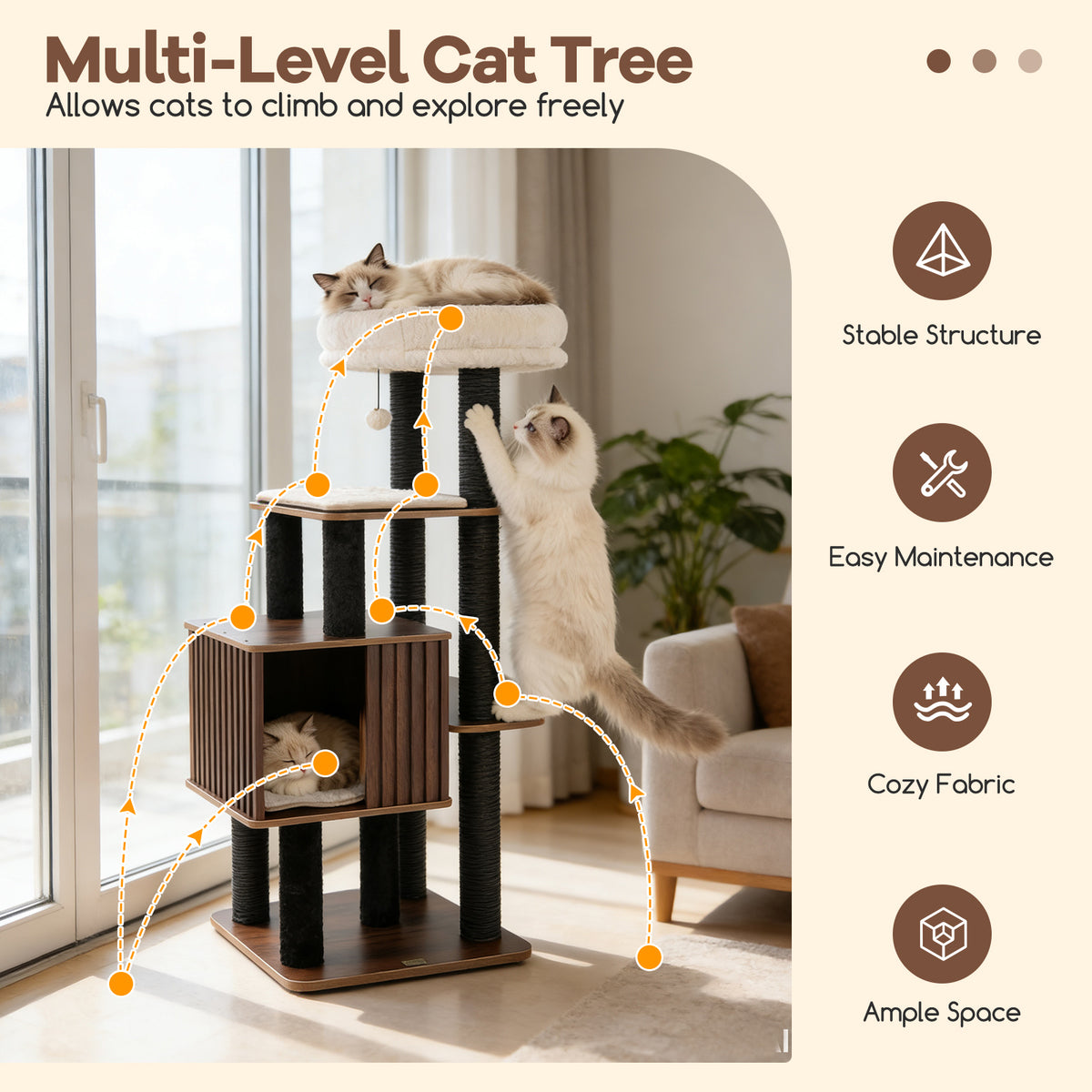 Tall Cat Tree with Perch and Soft Padding - 53.5 Inch Wooden Cat Tower for Indoor Cats - Brown Variation