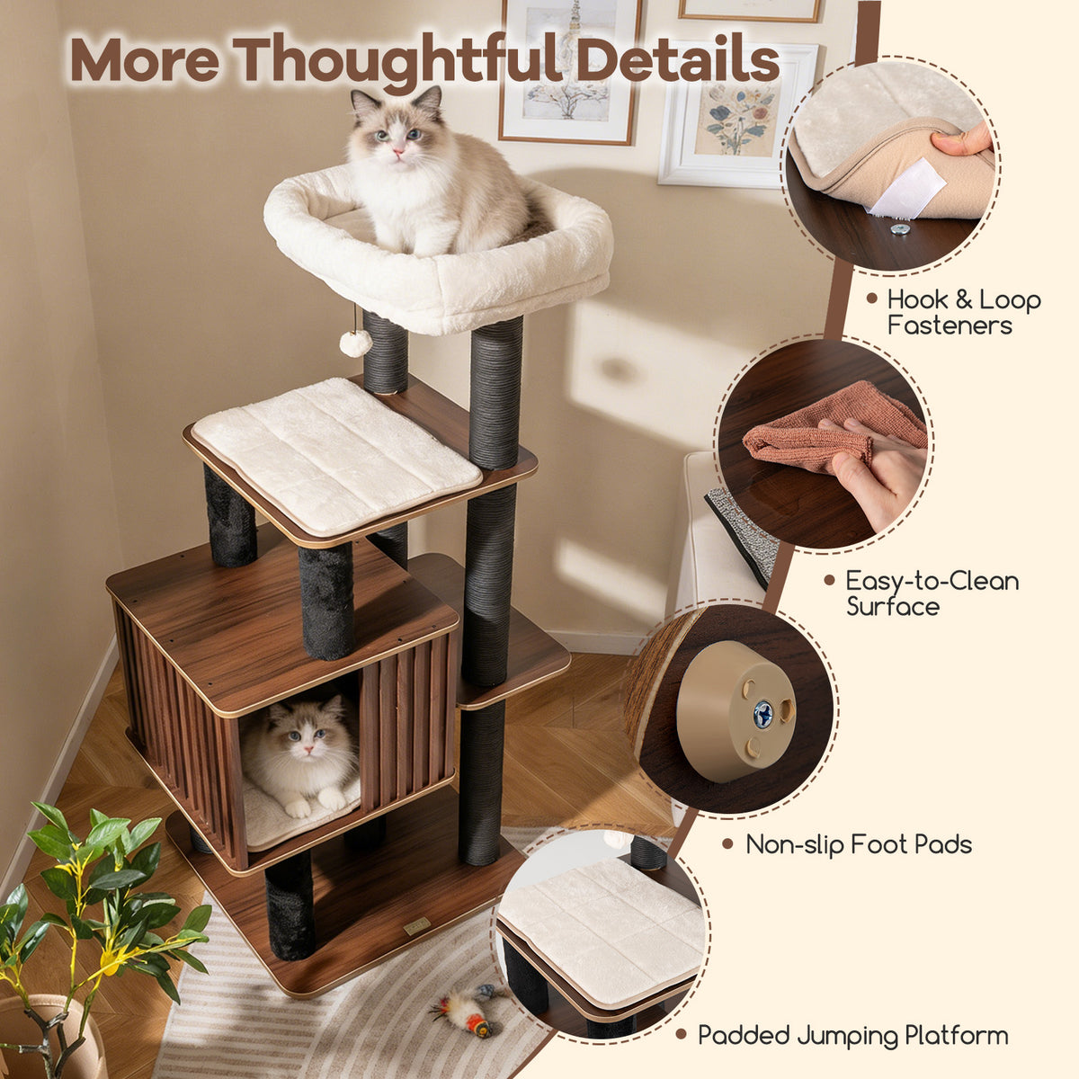 Tall Cat Tree with Perch and Soft Padding - 53.5 Inch Wooden Cat Tower for Indoor Cats - Brown Variation