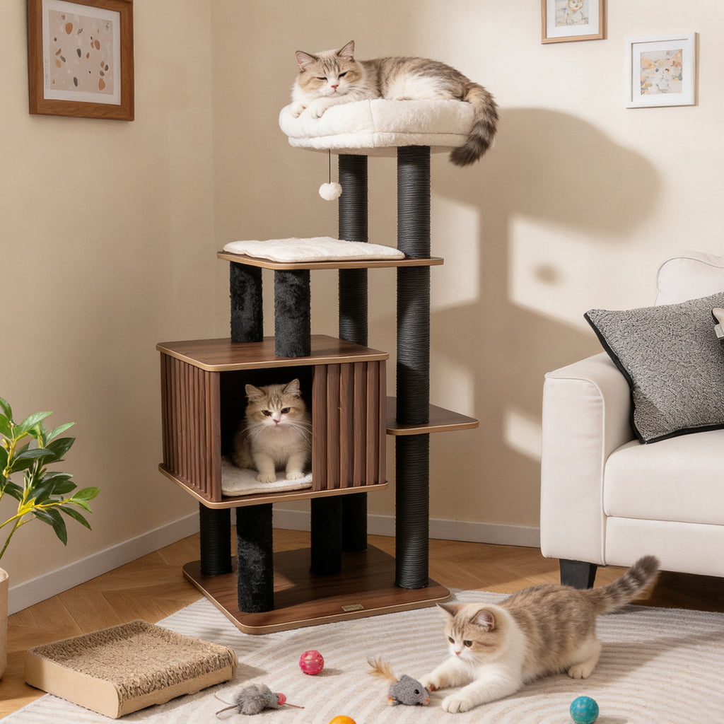 Tall Cat Tree with Perch and Soft Padding - 53.5 Inch Wooden Cat Tower for Indoor Cats - Brown Variation