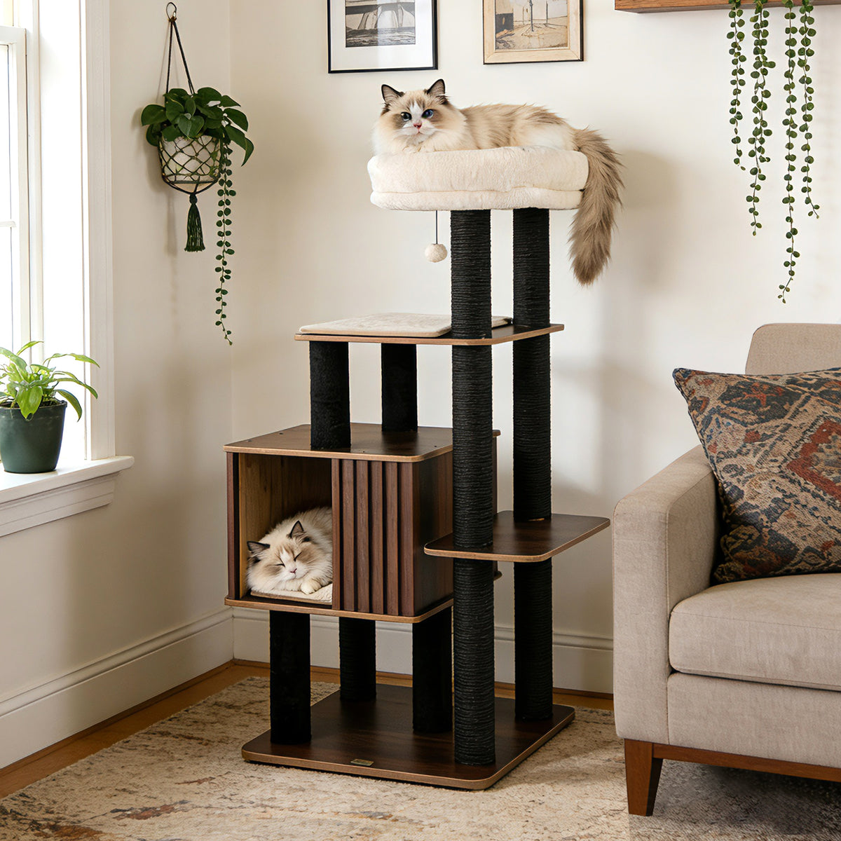 Tall Cat Tree with Perch and Soft Padding - 53.5 Inch Wooden Cat Tower for Indoor Cats - Brown Variation