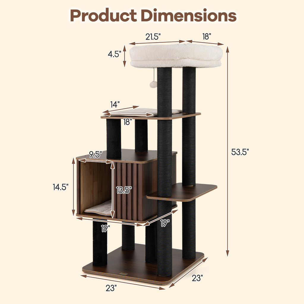 Tall Cat Tree with Perch and Soft Padding - 53.5 Inch Wooden Cat Tower for Indoor Cats - Brown Variation