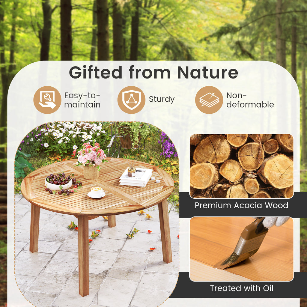 53" Round Acacia Wood Outdoor Dining Table for 4-6 People